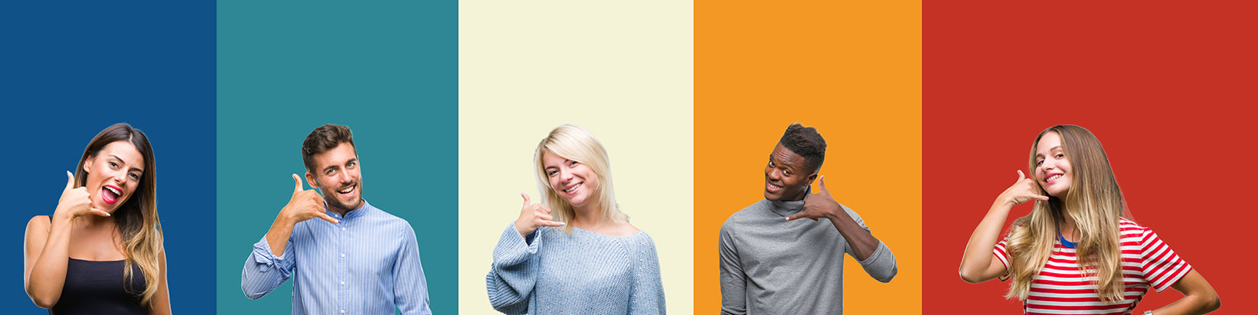 Group of young people over colorful background smiling doing phone gesture with hand